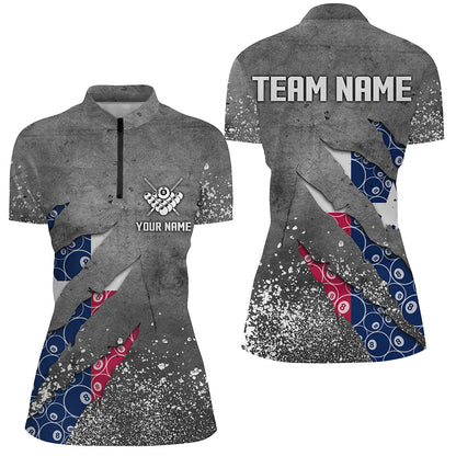 Custom Ball 8 Texas Flag Grey Grunge Women Billiard Polo & 1/4 Zip Shirt Best Billiard Team Jersey TDM1651