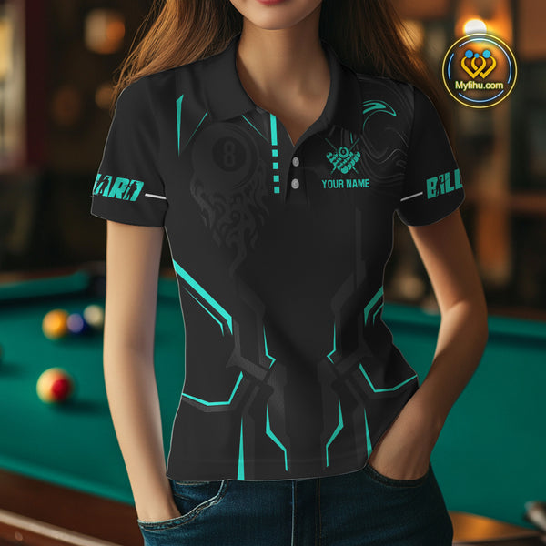 Custom 8 Ball Pool Crown Women Billiard Shirts, Turquoise And Black Billiard Team Shirt, Pool Jersey TDM4052