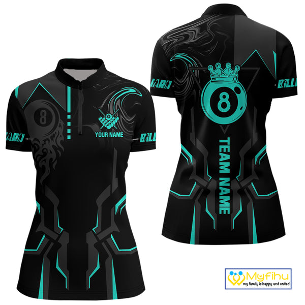 Custom 8 Ball Pool Crown Women Billiard Shirts, Turquoise And Black Billiard Team Shirt, Pool Jersey TDM4052