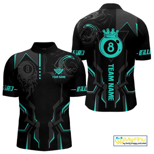 Custom 8 Ball Pool Crown Men Billiard Shirts, Turquoise And Black Billiard Team Shirt, Pool Jersey TDM4052
