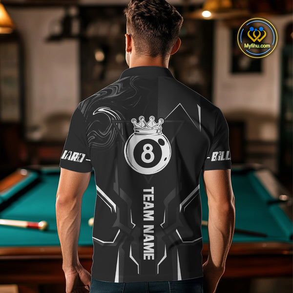 Customized 8 Ball Pool Crown Men Billiard Shirt, White And Black Billiard Team Shirt, Pool Jersey TDM4053