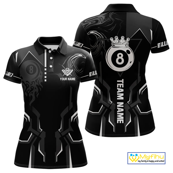 Customized 8 Ball Pool Crown Women Billiard Shirt, White And Black Billiard Team Shirt, Pool Jersey TDM4053