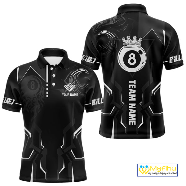 Customized 8 Ball Pool Crown Men Billiard Shirt, White And Black Billiard Team Shirt, Pool Jersey TDM4053