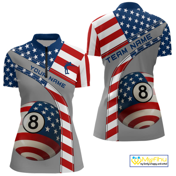 Custom Women's 8 Ball Billiard Shirts, American Flag Polo & 1/4 Zip Patriotic Pool Team Jerseys TDM4055