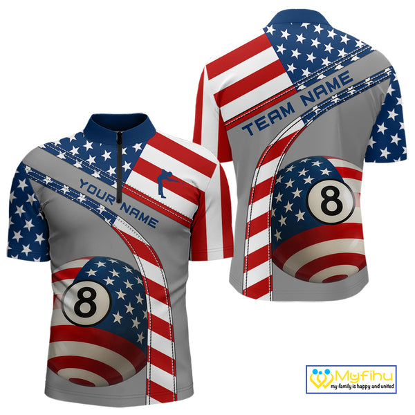 Custom Men's 8 Ball Billiard Shirts, American Flag Polo & 1/4 Zip Patriotic Pool Team Jerseys TDM4055