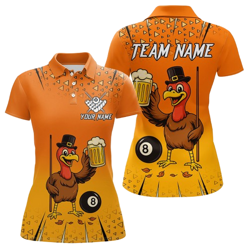 Orange Funny Turkey 8 Ball Pool Billiard Shirt For Women Custom Thanksgiving Billiard Jersey TDM4836