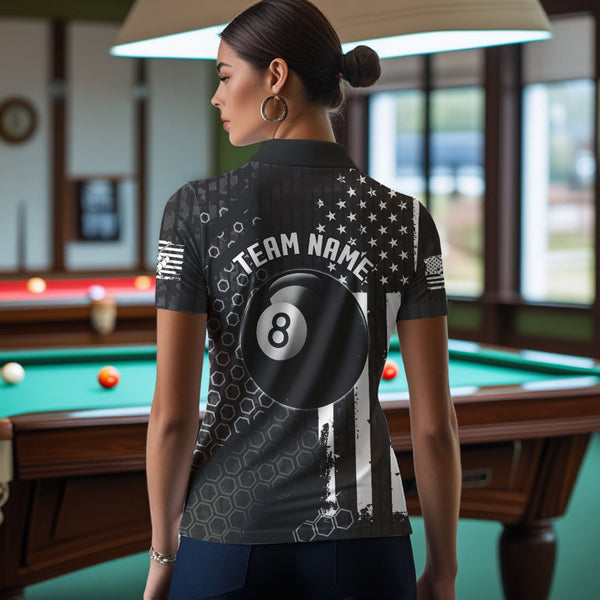 Personalized Black White American Flag Billiard Shirts For Women, Patriotic 8 Ball Billiard Jerseys TDM3476