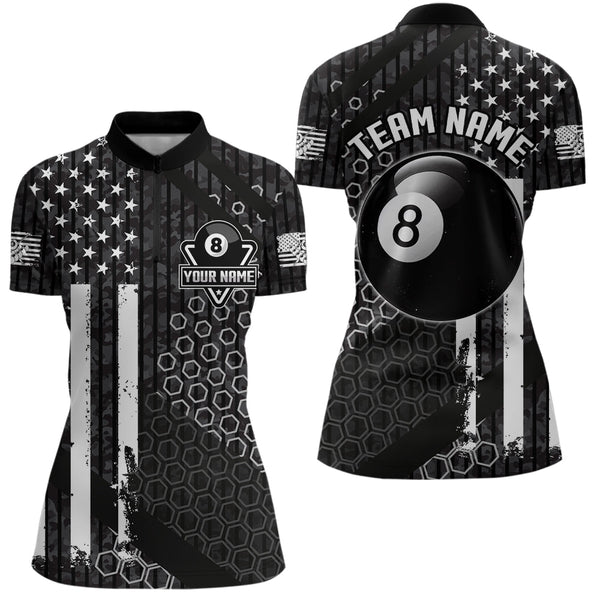 Personalized Black White American Flag Billiard Shirts For Women, Patriotic 8 Ball Billiard Jerseys TDM3476