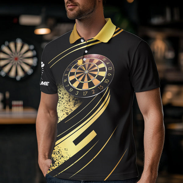 Personalized Gradient Gold And Black Darts Polo, Quarter Zip Custom Dart Shirts For Men Dart Jersey TDM3642