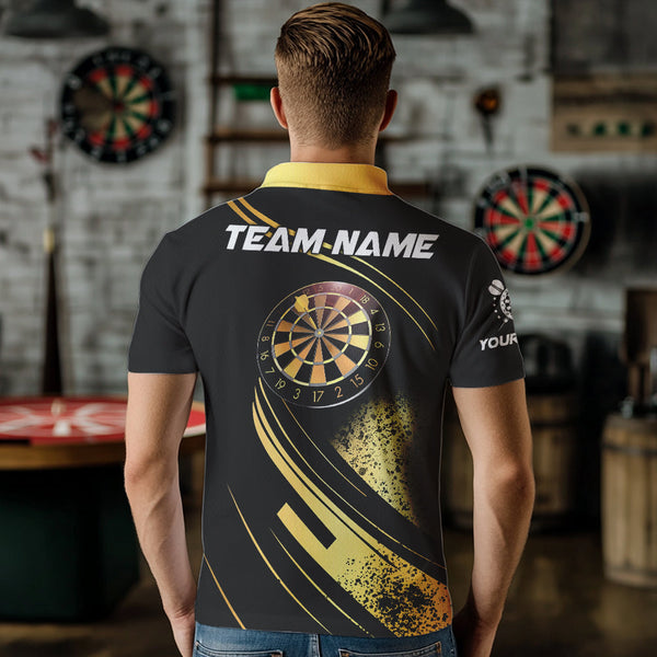 Personalized Gradient Gold And Black Darts Polo, Quarter Zip Custom Dart Shirts For Men Dart Jersey TDM3642