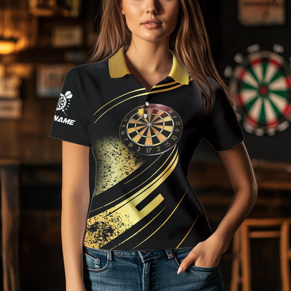 Personalized Gradient Gold And Black Darts Polo, Quarter Zip Custom Dart Shirts For Women Dart Jersey TDM3642