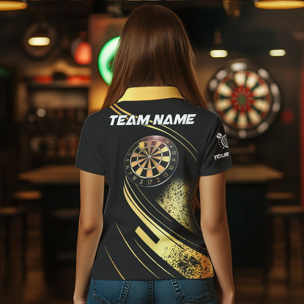 Personalized Gradient Gold And Black Darts Polo, Quarter Zip Custom Dart Shirts For Women Dart Jersey TDM3642