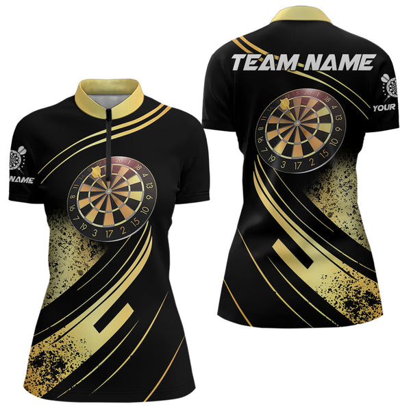 Personalized Gradient Gold And Black Darts Polo, Quarter Zip Custom Dart Shirts For Women Dart Jersey TDM3642