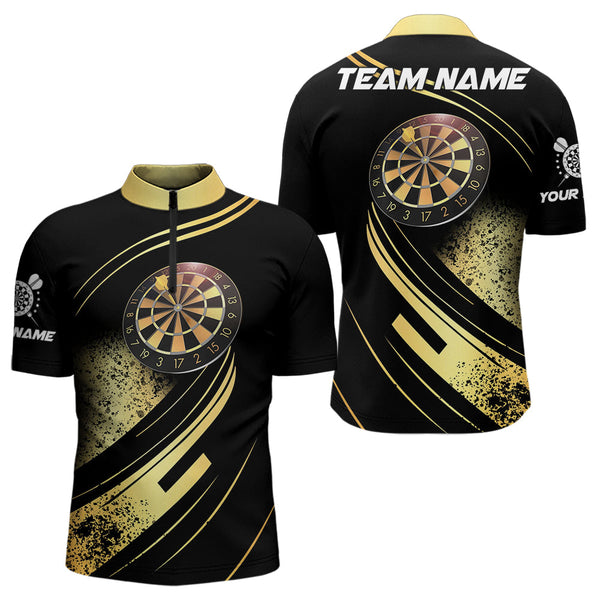 Personalized Gradient Gold And Black Darts Polo, Quarter Zip Custom Dart Shirts For Men Dart Jersey TDM3642