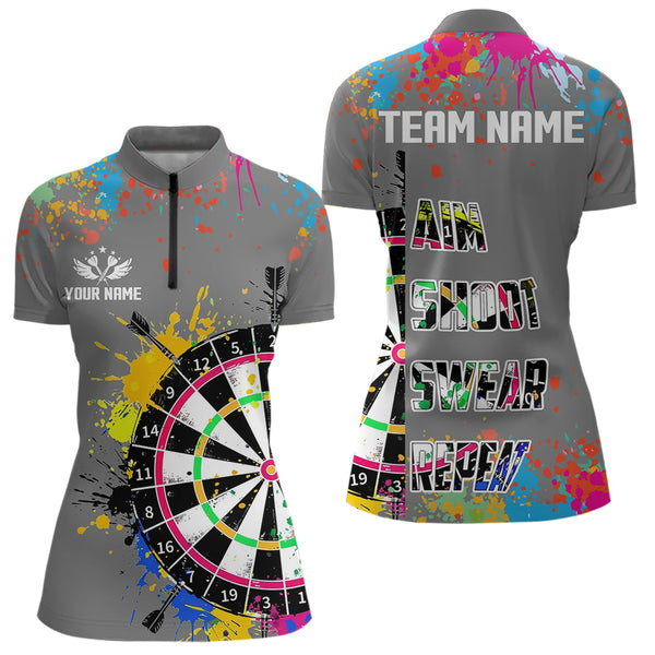 Funny Dartboards Colorful Paint Aim Shoot Swear Repeat Custom Women Darts Shirt, Dart Jerseys |Grey TDM3639