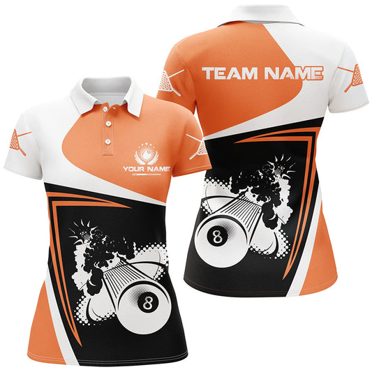 Orange Billiards Boom 8 Ball Custom Name Polo Shirts For Women, Best Custom Funny Billiards Shirts TDM0207