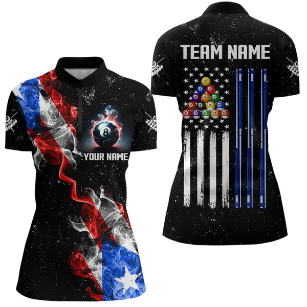Personalize Grunge US Flag Smoke Women Billiard Polo & Quarter Zip Custom Patriotic Billiard Jerseys TDM3490