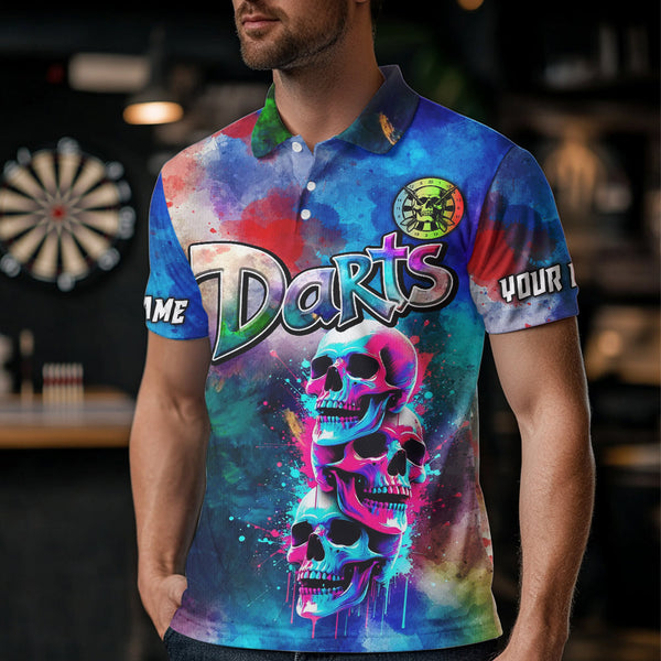 Funny Colorful Neon Graffiti Skull Dart Shirts For Men Custom Dart Jerseys, Best Darts Clothing TDM3793