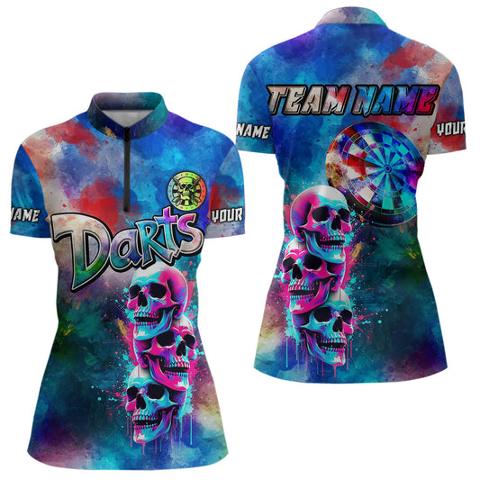 Funny Colorful Neon Graffiti Skull Dart Shirts For Women Custom Dart Jerseys, Best Darts Clothing TDM3793
