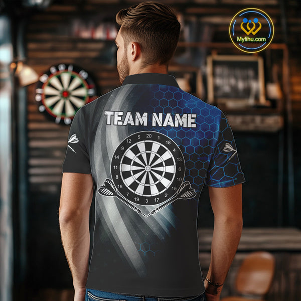 Custom Men's Dart Shirt – Black Blue Hexagon Design Darts Team Jersey | Polo & Quarter Zip Uniform TDM4074