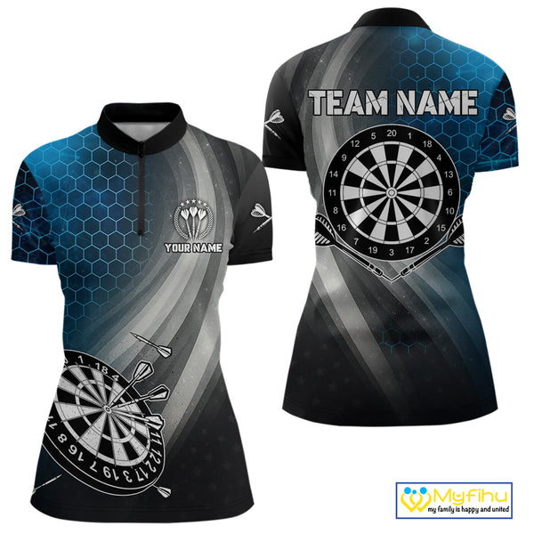 Custom Women's Dart Shirt – Black Blue Hexagon Design Darts Team Jersey | Polo & Quarter Zip Uniform TDM4074