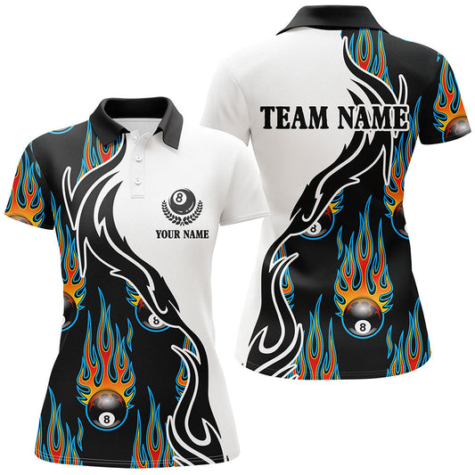 Flaming 8 Ball Billiard Pattern Custom Name Polo Shirts For Women, Custom Basis Design Pool Shirts TDM0221