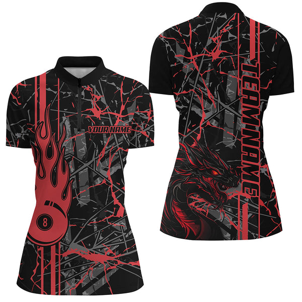 Red Grunge Billiard Jerseys For Women Custom Fire Flame 8 Ball Dragon Team League Billiard Shirts TDM2600