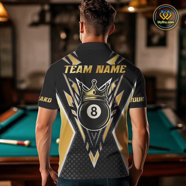 Customized 8 Ball Pool Crown Men Billiard Shirts, Gold And Black Billiard Team Shirts, Pool Jersey TDM4078