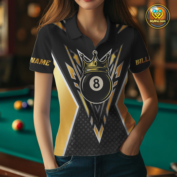 Customized 8 Ball Pool Crown Women Billiard Shirts, Gold And Black Billiard Team Shirts, Pool Jersey TDM4078