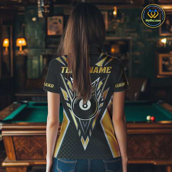 Customized 8 Ball Pool Crown Women Billiard Shirts, Gold And Black Billiard Team Shirts, Pool Jersey TDM4078