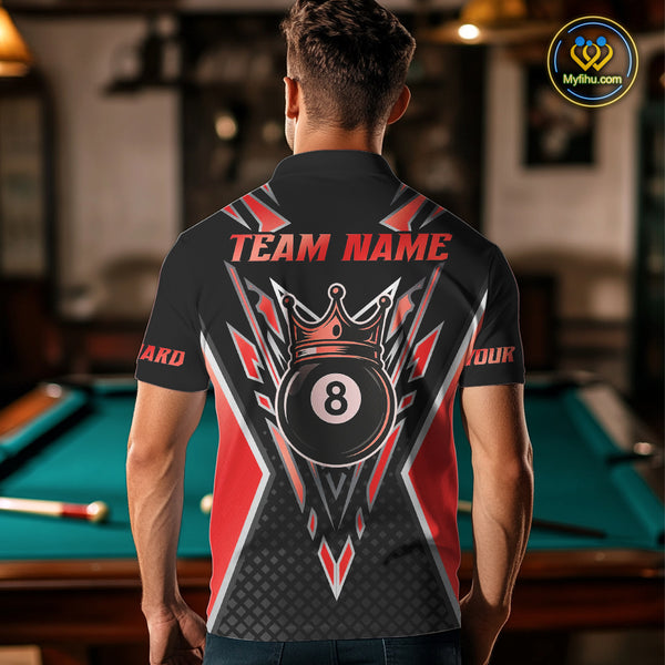 Customized 8 Ball Pool Crown Men Billiard Shirts, Red And Black Billiard Team Shirts, Pool Jersey TDM4079