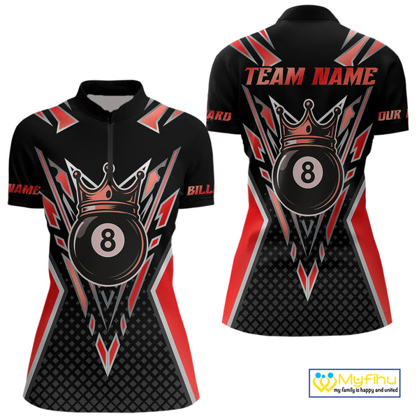 Customized 8 Ball Pool Crown Women Billiard Shirts, Red And Black Billiard Team Shirts, Pool Jersey TDM4079