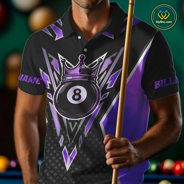 Customized 8 Ball Pool Crown Men Billiard Shirt, Black And Purple Billiard Team Shirt, Pool Jersey TDM4080
