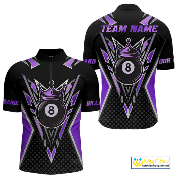 Customized 8 Ball Pool Crown Men Billiard Shirt, Black And Purple Billiard Team Shirt, Pool Jersey TDM4080