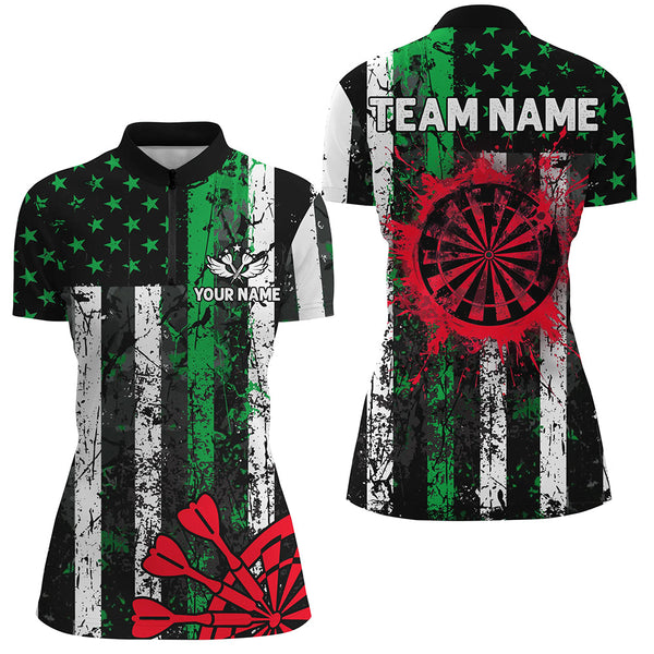 Custom Green And Red Grunge US Flag Women Dart Shirts, Patriotic Christmas Darts Team Jerseys TDM2850