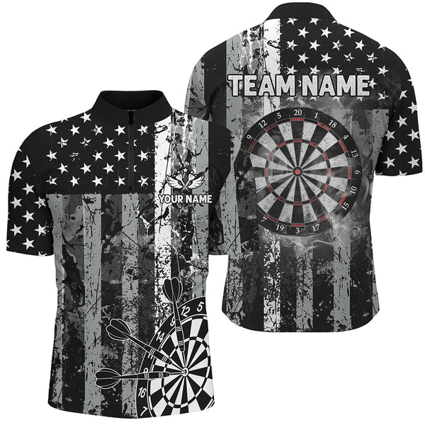 Custom Black Grunge US Flag Patriotic Dart Shirts For Men, Retro Darts Board Smoke Dart Team Jersey TDM2852