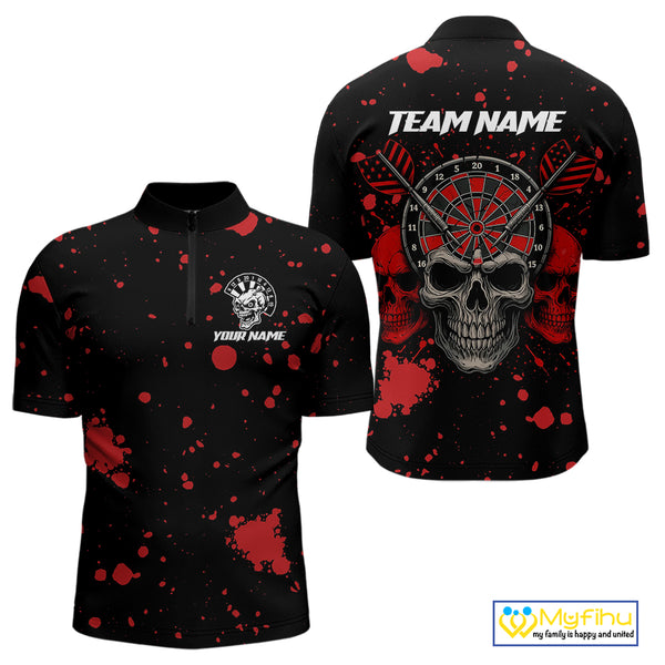 Black And Red Paint Skull Dart Shirts For Men Custom Dart Jerseys, Darts Team Shirt Polo & 1/4 Zip TDM4086