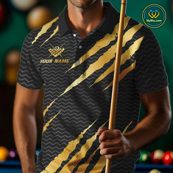 Black And Gold Scratch Billiard Shirts For Men Custom 8 Ball Crown Pool Team Jersey Polo & 1/4 Zip TDM4095