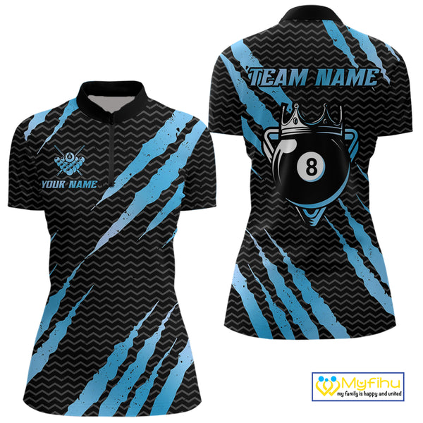 Black And Blue Scratch Billiard Shirts For Women Custom 8 Ball Crown Pool Team Jersey Polo & 1/4 Zip TDM4097