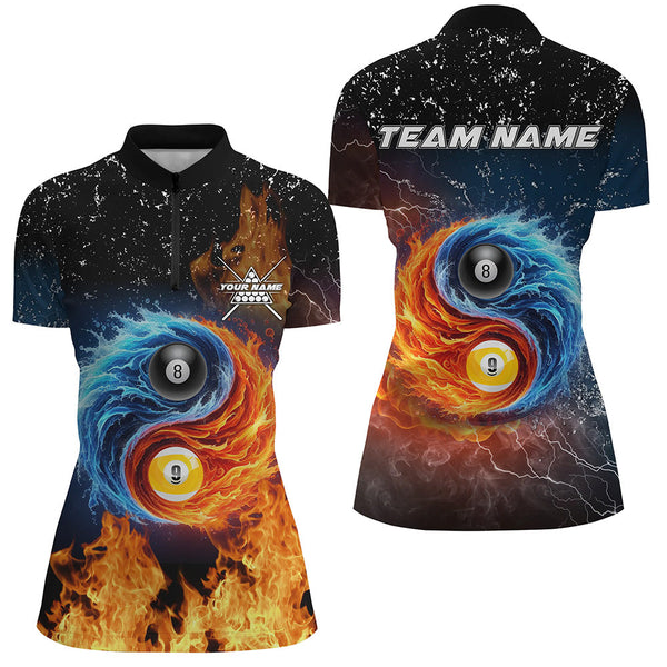 3D Billiard 8 Ball & 9 Ball Water Fire Customized Grunge Women Polo, 1/4 Zip Shirts, Billiard Jerseys TDM2382