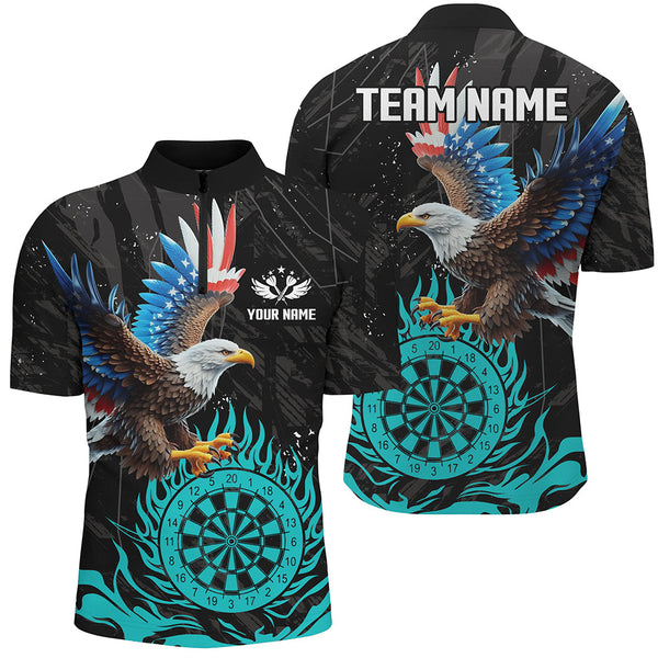 Personalized 3D Eagle American Flag Patriotic Darts Shirts For Men Custom Flame Darts Jerseys |Cyan TDM2393