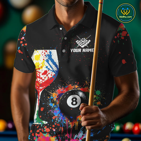 Personalized Colorful Splash 8 Ball Billiard Shirts For Men, Funny Wine Glass Custom Pool Jerseys TDM4100