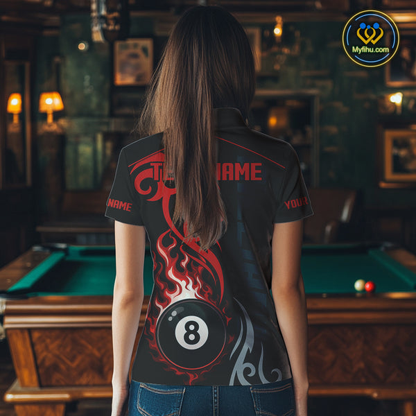 Black And Red Tribal Flame 8 Ball Pool Billiards Shirts For Women Custom Pool Team Jerseys TDM4101