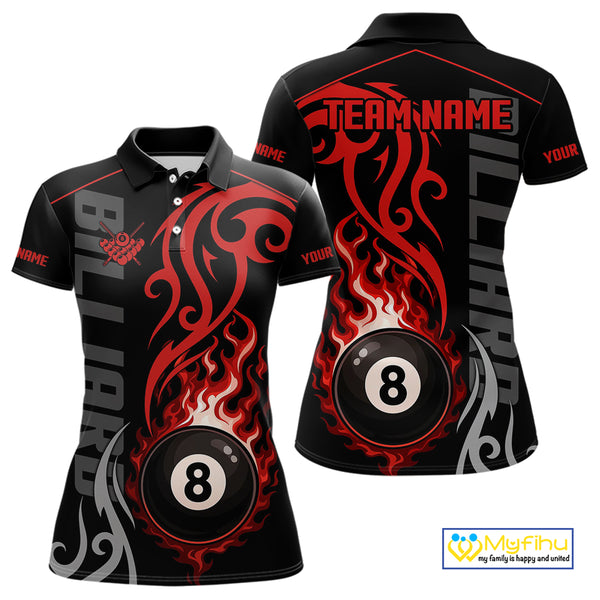 Black And Red Tribal Flame 8 Ball Pool Billiards Shirts For Women Custom Pool Team Jerseys TDM4101