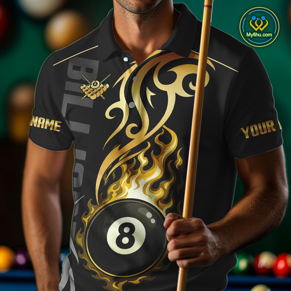 Black And Gold Tribal Flame 8 Ball Pool Billiards Shirts For Men Custom Pool Team Jerseys TDM4102