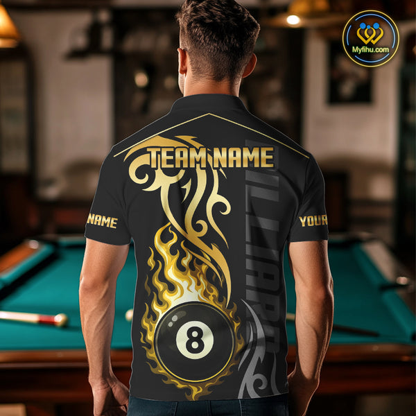 Black And Gold Tribal Flame 8 Ball Pool Billiards Shirts For Men Custom Pool Team Jerseys TDM4102