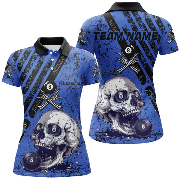 Personalized Grunge Blue Billiard Skull Custom Women Billiard Shirts, Billiard Pool Team Club Uniform TDM1930