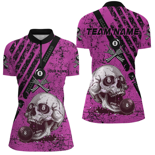 Personalized Pink Blue Billiard Skull Custom Women Billiard Shirts, Billiard Pool Team Club Uniform TDM1931