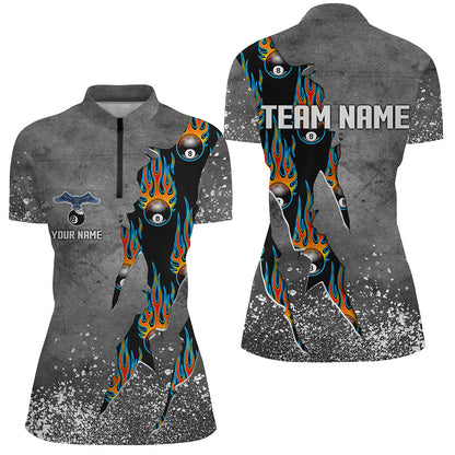 Custom Ball 8 Grey Grunge Billiard Shirts For Women Best Custom Team Name Billiard Jerseys |Blue TDM1561