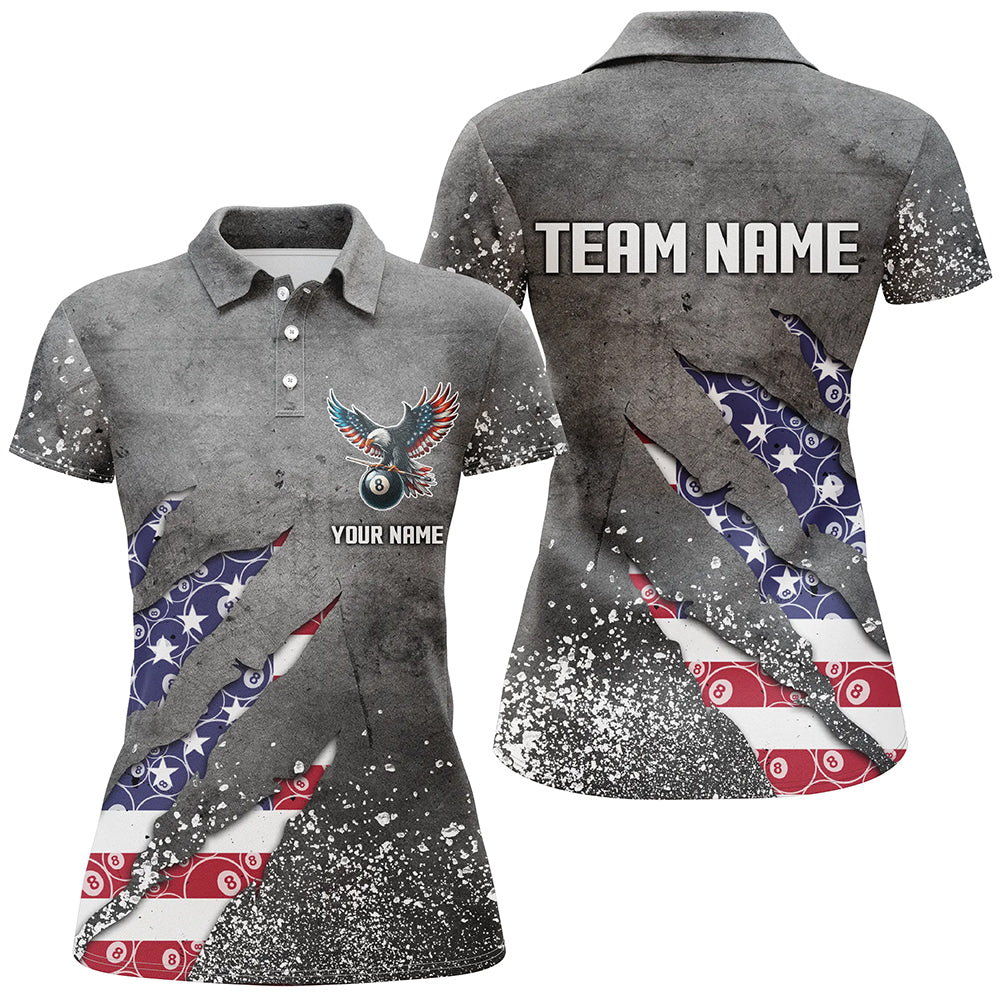 Customized Ball 8 US Flag Grey Grunge Billiard Polo Shirts For Women Best Billiard Team Jersey TDM1351